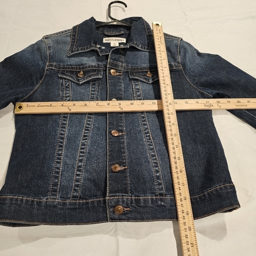 ARTISAN NY Navy Blue Denim Flap Pocket Trucker Cropped Jean Jacket sz S - Picture 3 of 9